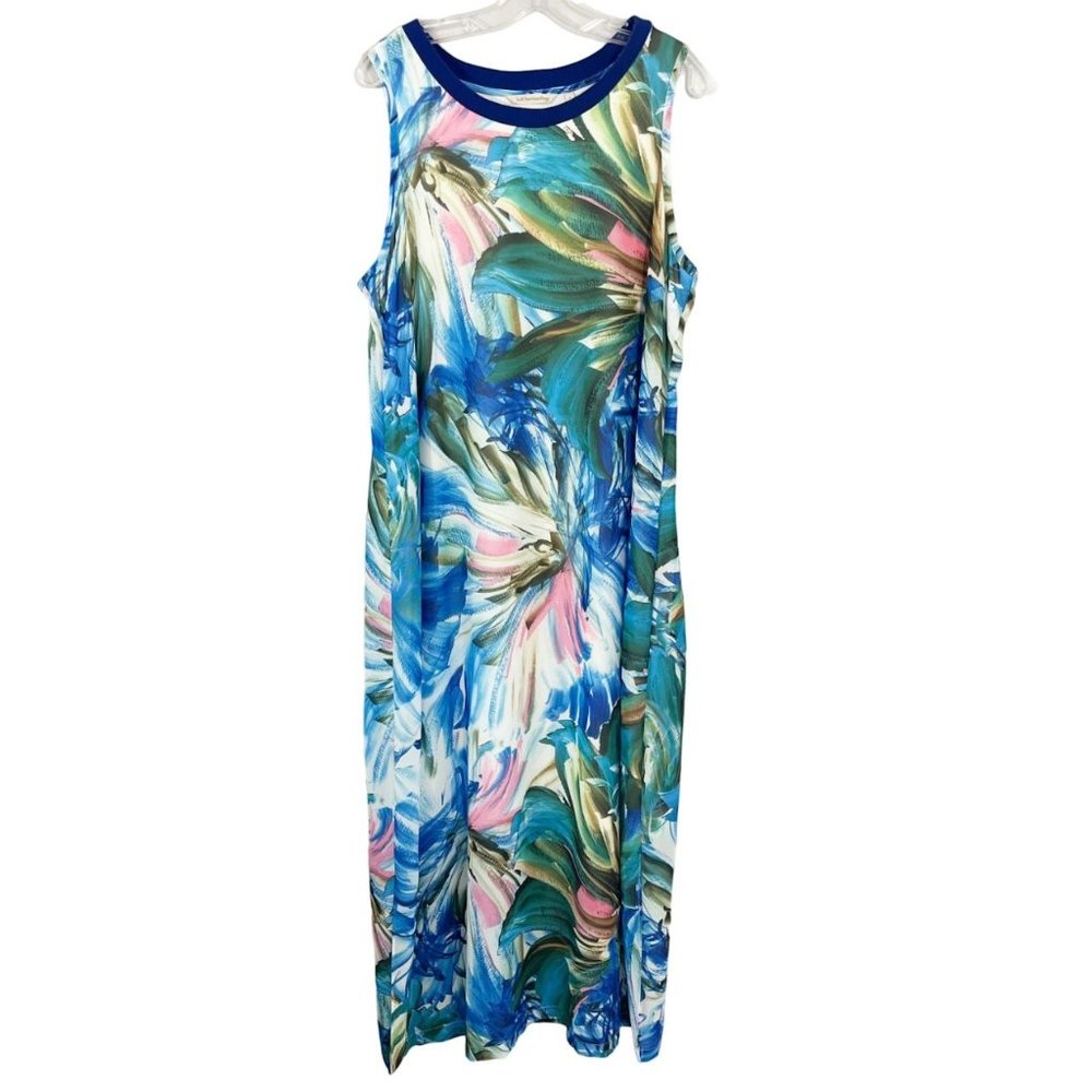 Soft Surroundings Penelope Maxi Dress Sleeveless Blue‎ Tropical Print Size Large
